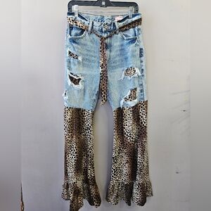 Blue and Brown Flare Jeans with Animal Print